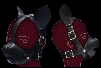 Leather Canine Dog Mask with Silicone Ball Gag and Ears Hood